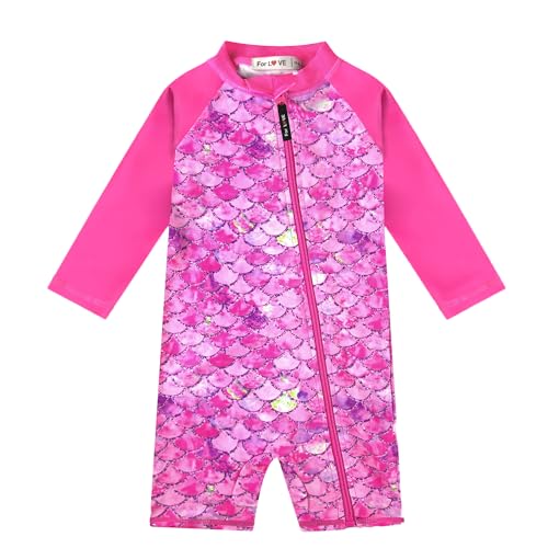 weVSwe Infant Swimsuit Girl Sun Protection Uv Suit Toddler Baby Swimsuit Girl Long Sleeve with Zipper Rose Red Fish Scales 6-12 Months