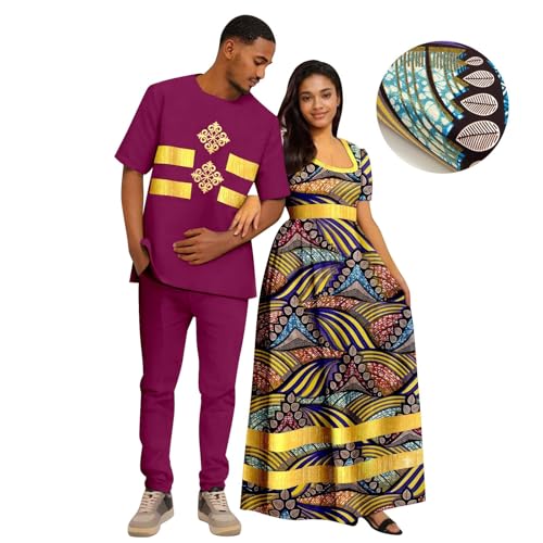 African Coupleswear Women's Print Long Maxi Dress Bazin Riche Men's Dashiki Top and Pants Set(B,Men-XXX-Large)2
