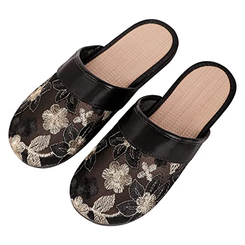 Women Embroidered Slippers Closed Toe Indoor Slipper Ladies Vintage Floral Sandals Mesh Flat Shoes Portable Non-slip Slides