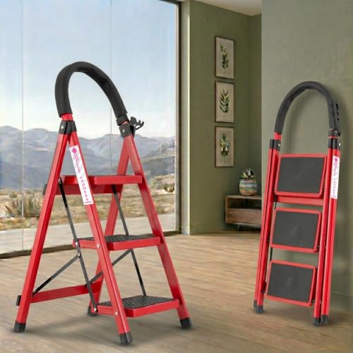 Image of Casa Copenhagen Red 3 Step Ladder for Home Use with Built-in Tool Tray | Heavy Duty D Shape Rods | Ultra Large Platform | Secure Lock and Stability | 150Kg Capacity Foldable Ladder - 7 Years Warranty