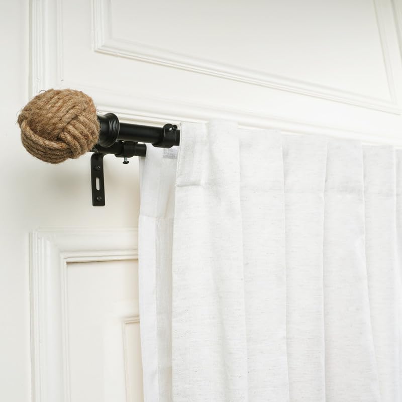 Image of 28 inch-48 inch Adjustable Double Curtain Rod For Door & Windows With Brackets Set Curtains Hanging Extendable Iron Metal Pipe Holder With Spool Jute Finial (Black, 0.75 inch Diameter)