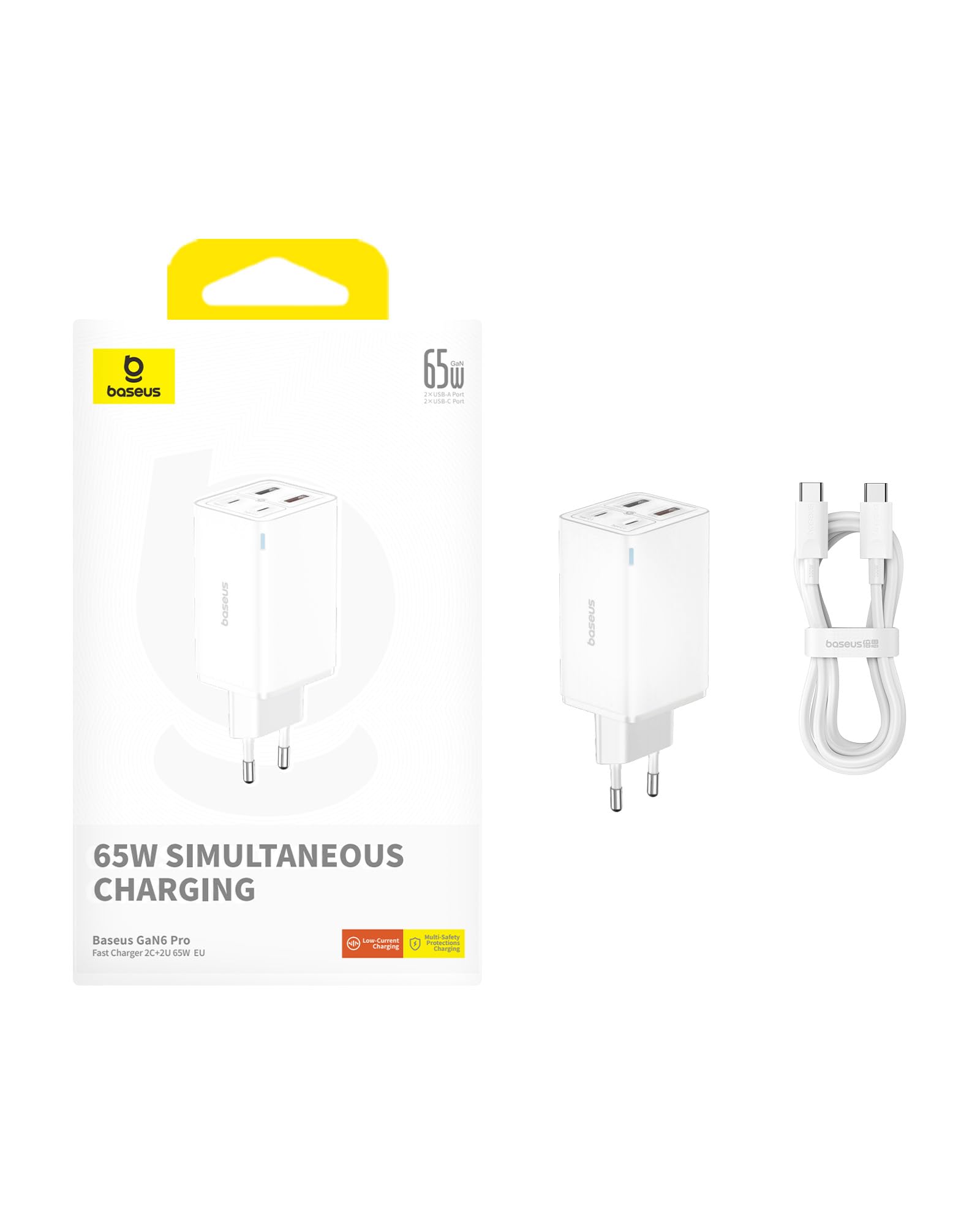 Baseus 65W Chargeur USB C Rapide 4 Ports avec GaN 6 Tech Compatible avec MacBook Pro/Air, Surface, Laptop, iPhone 15-12 séries, Pixel, Galaxy, Blanc