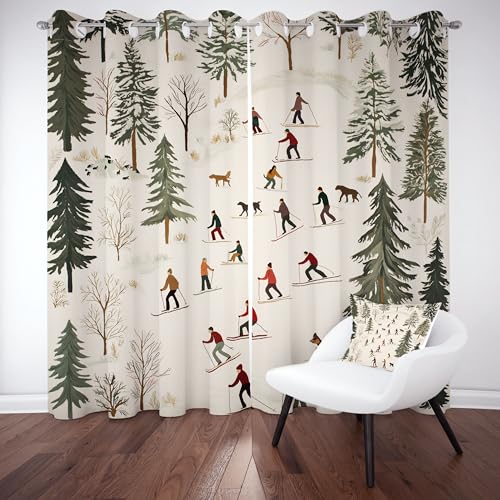 Meugesoi Skieurs Rideau Occultant Ski Haute Montagne Rideaux Thermique Isolant Anti Froid et Chaleur 2 Pièces L117 x H137 cm, Forêt Naturel Rideau Isolant...