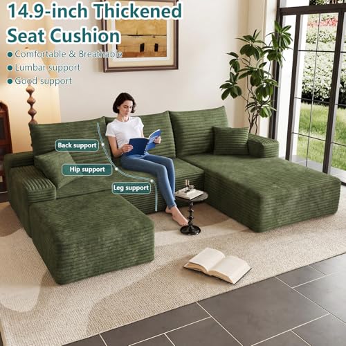 Image of 95 inch U-Shape Cloud Couch, Modern Modular Sectional L-Shape Sofa with Ottoman, Corduroy Upholstered Couches Deep Seat Sleeper Chaise Longue for Living Room, No Assembly Required(Green, Right Facing)
