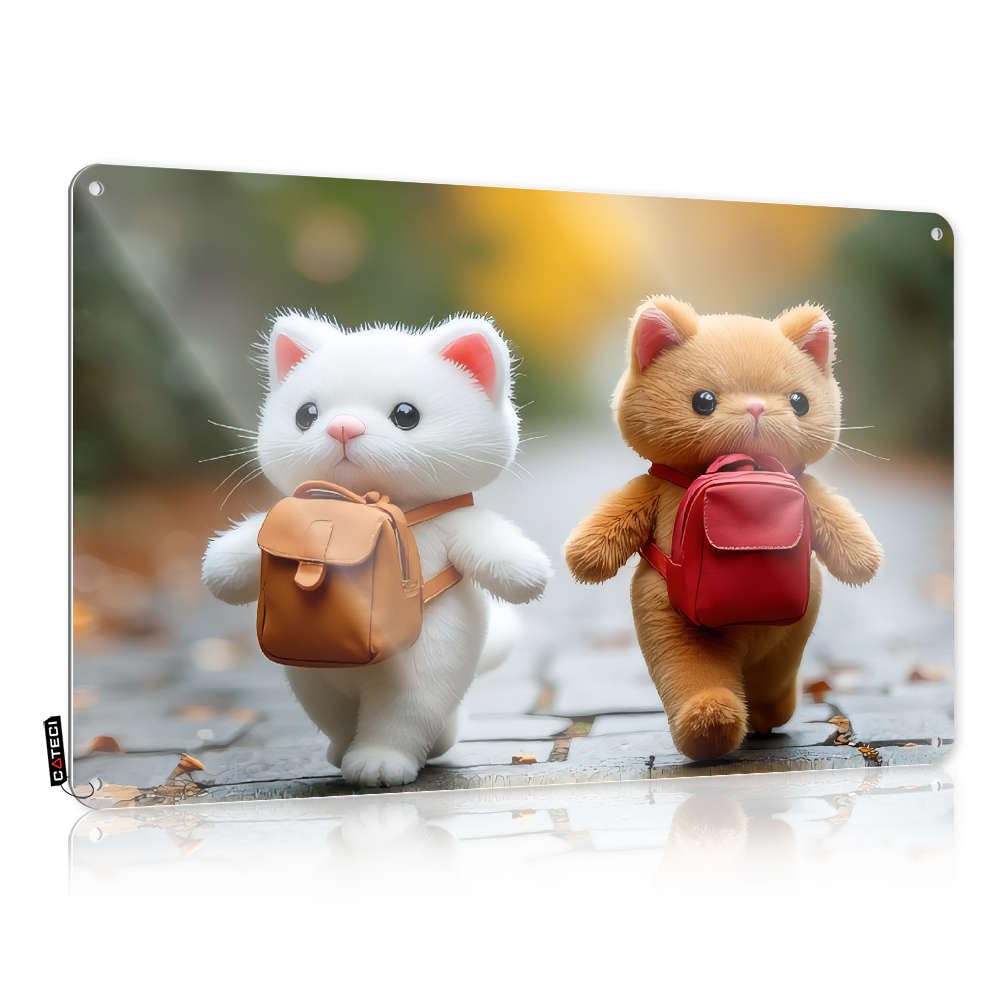 Sujd Colour Two Cute Kittens With Backpacks Walking Together. Tinsign Farmhouse Hanging | Modern Wall Signs Ideas Vintage Metal Wall Decor(30X40cm)