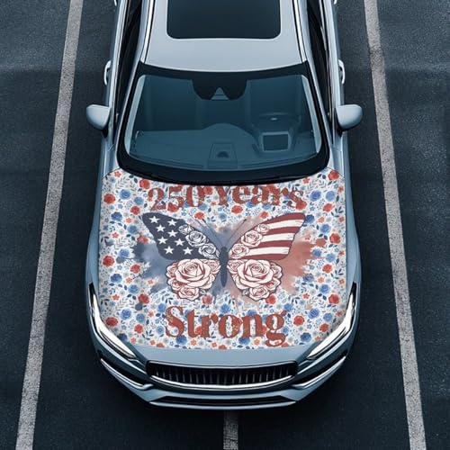 Image of American Flag Car Hood Cover, Rose Butterfly Washable Elastic Auto Hood Protector Stretchable Polyester Fabric, 250th Anniversary Car Bonnet All-Season Protection