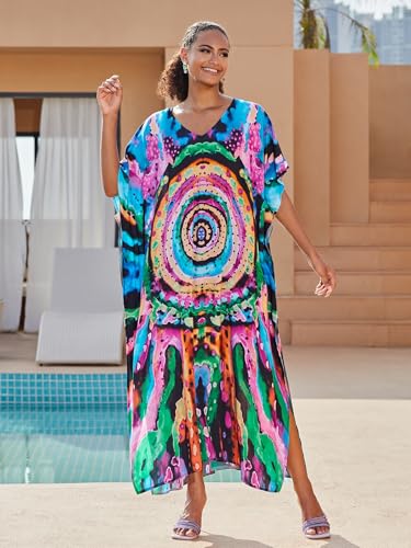 Image of KECVOT Kaftan Dresses for Women V-Neck Print Swimsuit Cover Up Plus Size Beach Caftan Lounge Dress
