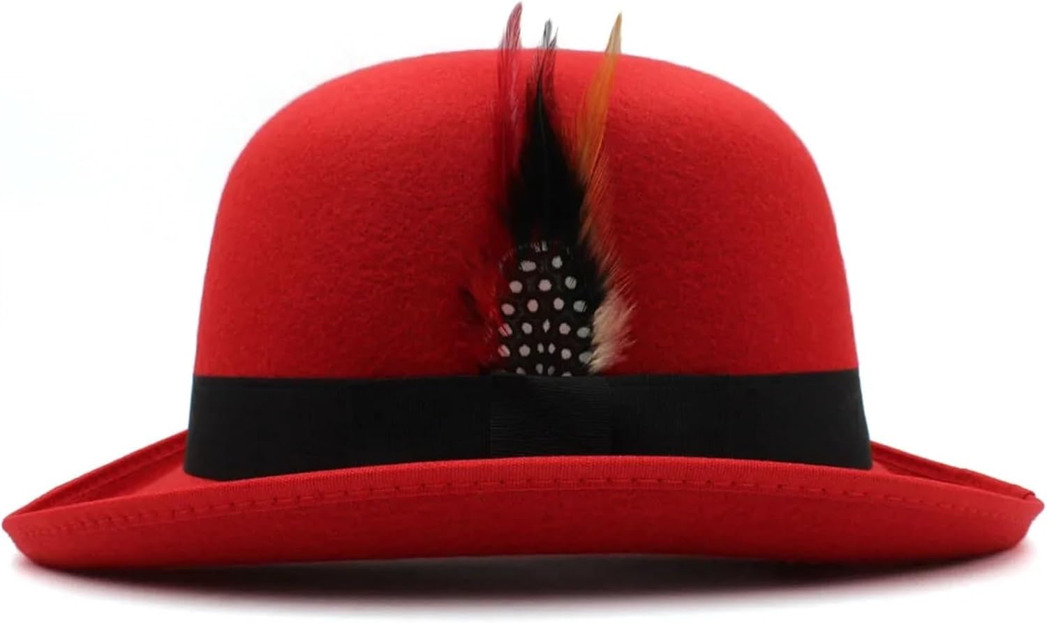 Men Women Wool Blend Oval Top Bowler Hats Woolen Fedora Caps Feather Sunhat Adjustable UK M-L US 7 1/8-7 3/8 for Cosplay, Weddings(Red,Wool Blend)