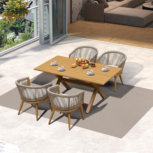 Image of PURPLE LEAF Outdoor Dining Set for 4 with Cushions PE Rattan Teak