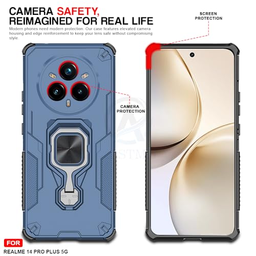 Image of AESTMO Armor Back Cover for Realme 14 Pro Plus 5G | Ring Holder & Kickstand & Camera Protection in-Built | 360 Degree Protection Back Case Cover (Blue)