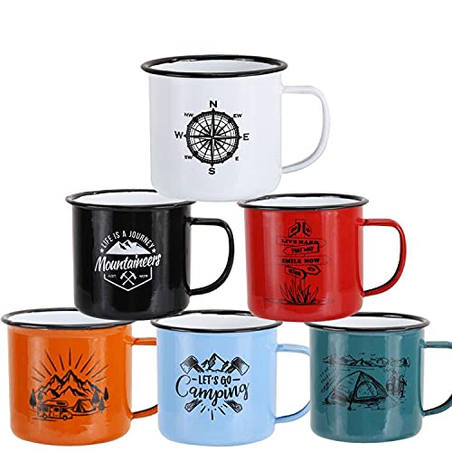 6PCS Enamel Camping Mug Set,Funny Camp Mug Enamel Colourful Portable Camping Coffee Cup Indoor Outdoor Activities Wedding Beach Birthday Hiking Camping Trip Party Gift (T-Multicolor, 6)