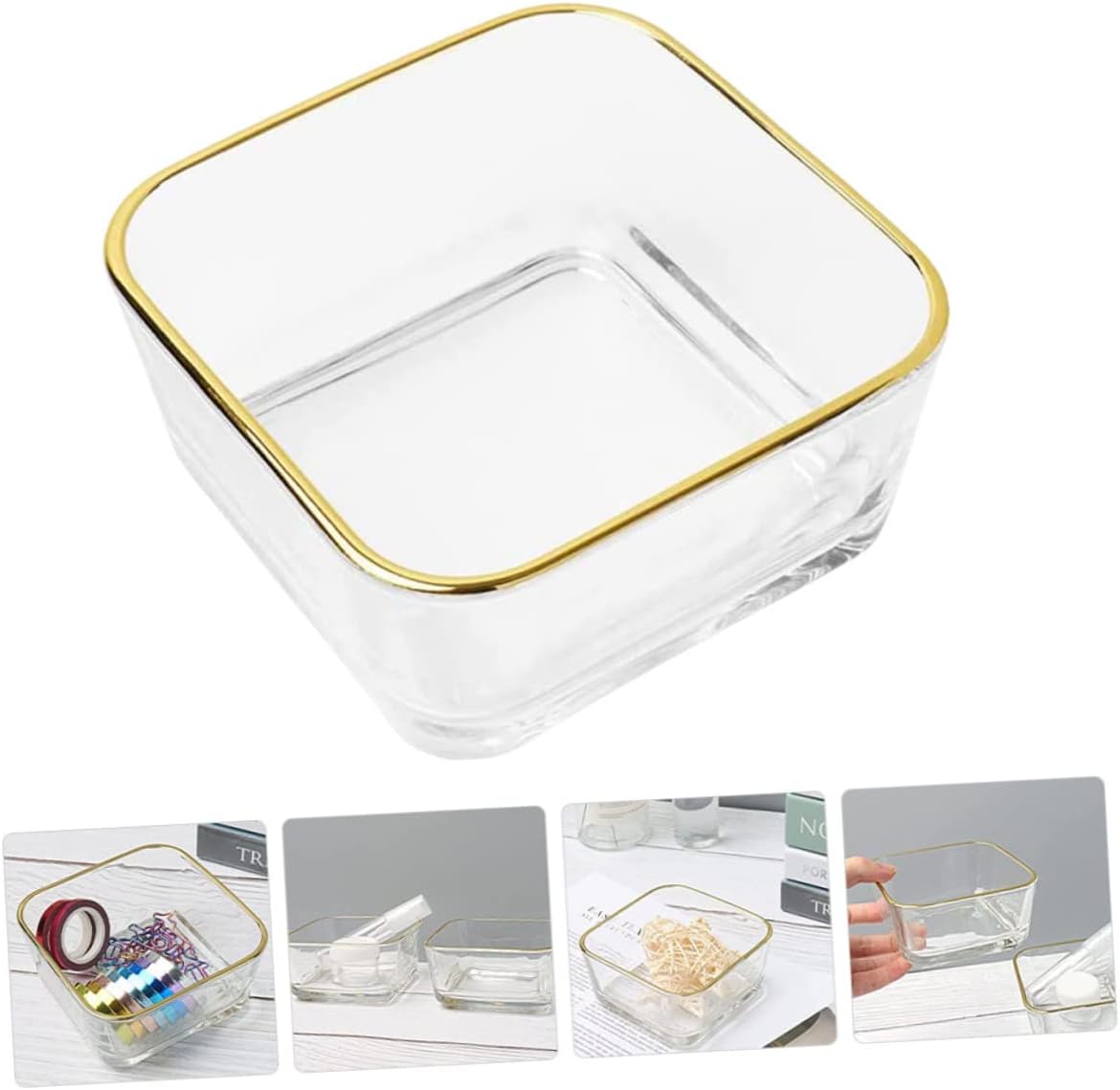 Glass Paper Clip Holder with Gold Rim Desktop Organizer for Paperclips Binder Clips Push Pins Bands and Small Office Accessories Transparent Glass Bowl for Office and Home Use
