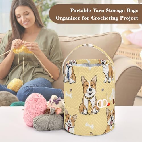 Image of Tatenale Crochet Bag Yarn Bag Knitting Project Bag with Pockets and Handle Portable Yarn Storage Organizer Tangle Free 8.3x11 InchYellow Cute Corgi and Bones42