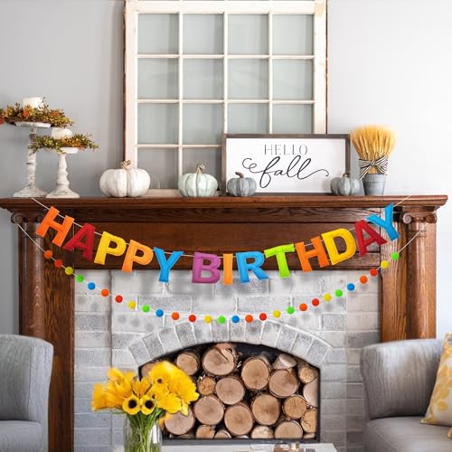 Image of 2 PCS Pre-Strung 3D Felt Happy Birthday Banner - Reusable Rainbow Happy Birthday Decorations Sign, Felt Ball Garland, Pom Pom Garland, Party Decor, Photo Prop（Retro Cartoon Color Scheme）