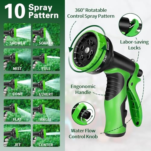 Svansea Garden Hose 50FT Flexible Leakproof Water Hose with 10 Function Nozzle 3/4 Solid Brass Fitting Lightweight No Kink Pipe for Outdoor Lawn Yard, Green