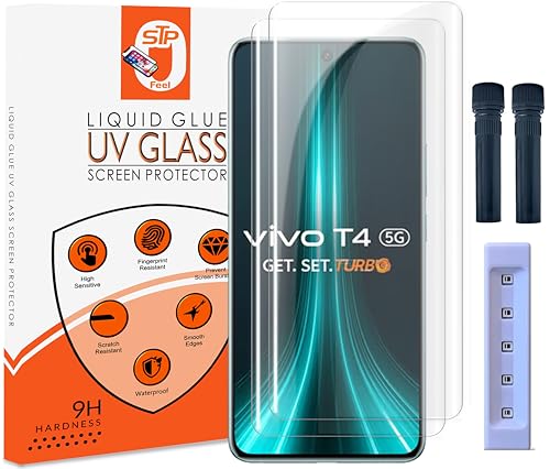 Image of STP FEEL Advanced UV Tempered Glass Screen Protector Guard Compatible For Vivo T4 5G (6.77 Inch, Pack of 2) Full Adhesive UV Curved Case Friendly HD Clarity with easy installation kit for Smartphone
