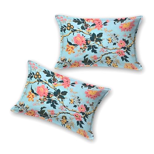 Image of Mafatlal Saanjh 144 TC Summer Ready Cotton King Bedding 108x108 Inch | Cooling Air Circulation Fabric | Elegant Floral Print | Ethnic Look | Lightweight Bedroom Essential | Pillow Cover | Tinted Aqua