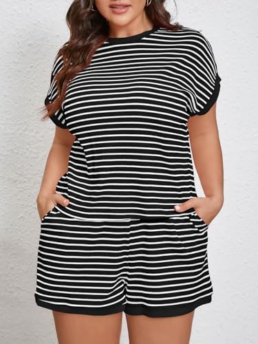 Image of Beautife Womens Plus Size Lounge Set 2 Piece Outfits Stripe Short Sleeve Shirts Tops Shorts Summer Casual Loungewear