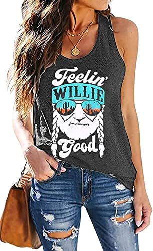 MOUSYA Women Tank Top Feelin' Willie Good Letter Printed Vest Top Summer Casual Country Concert Sleeveless Tee