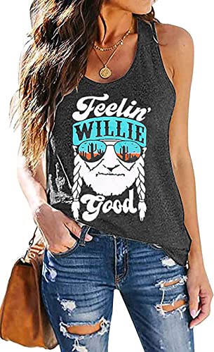 Mousya Women Tank Top Feelin' Willie Good Letter Printed Vest Top Summer Casual Country Concert Sleeveless Tee #TOP9