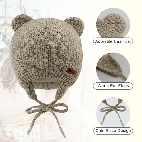 XIAOHAWANG Baby Hat Cute Bear Toddler Earflap Beanie Warm for Fall Winter (A-Khaki, L(2-3 Years)) - Thumbnail 4