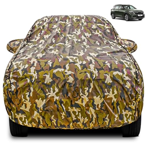 Image of FABTEC Car Body Cover for Kia Seltos Jungle Print with Soft Cotton Lining Waterproof Car Cover UV & Rain Protection with Mirror Pocket Bottom Elastic (Military /Camouflage Pattern)