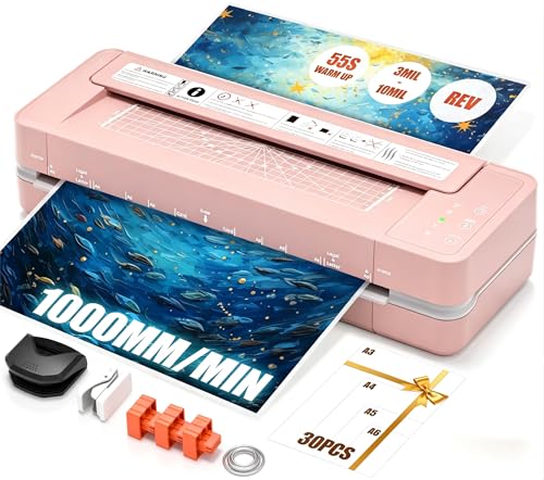 13" Heavy-Duty 4-Roller Laminator Machine, Fast 55s Warm-Up, 3-10 Mil A3/11x17 Laminating Machine, 1000mm/min Speed, Auto-Reverse Jam Prevention, Includes 30-Sheets for Office & School (Pink)