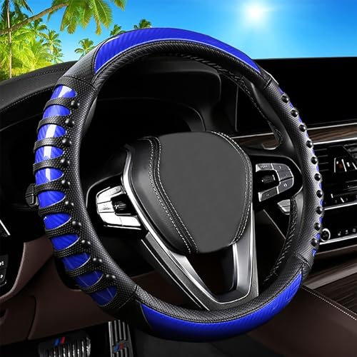 Car Leather Steering Wheel Cover - Carbon Fibre Material, Universal 14.5-15 Inch Leather Anti-Slip Breathable Auto Steering Wheel Covers for Men Women (3D Massage - Sports Blue) by FBLOWMOD - Used condition - Image 2