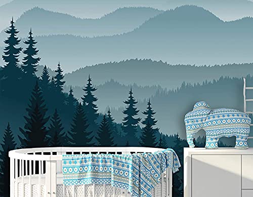 Coloritto Removable Peel 'N Stick Wallpaper, Self-Adhesive Wall Mural, 3D Mountain Mural Wallpaper, Nursery • Ombre Blue Mountain Pine Forest Trees (24" W X 132" H Inches) #TOP2