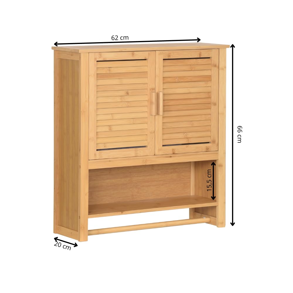 Armadietto sospeso in bambù per bagno, con 2 ante, porta asciugamani e ripiani, salvaspazio, 66 x 62 x 20 cm, colore naturale
