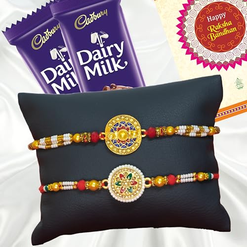 Image of Canton Rakhii Combo Gift Hamper Pack of 2 Rakhii For Brother With Chocolate, Rakhi With Cadbury Dairy Milk, Greeting Card & Roli Tilak (Design-5, 2 Rakhi With Cadbury)