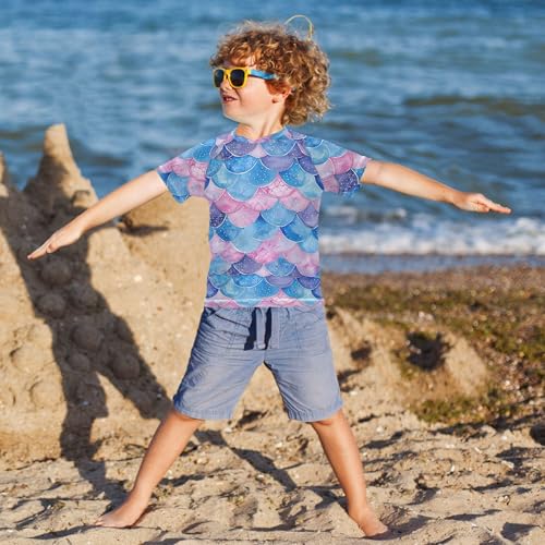 Glitter Blue Pink Mermaid Scales Kids Bathing Suits Girls Sun Protection Activewear Swimwear Beach Tops 3T4