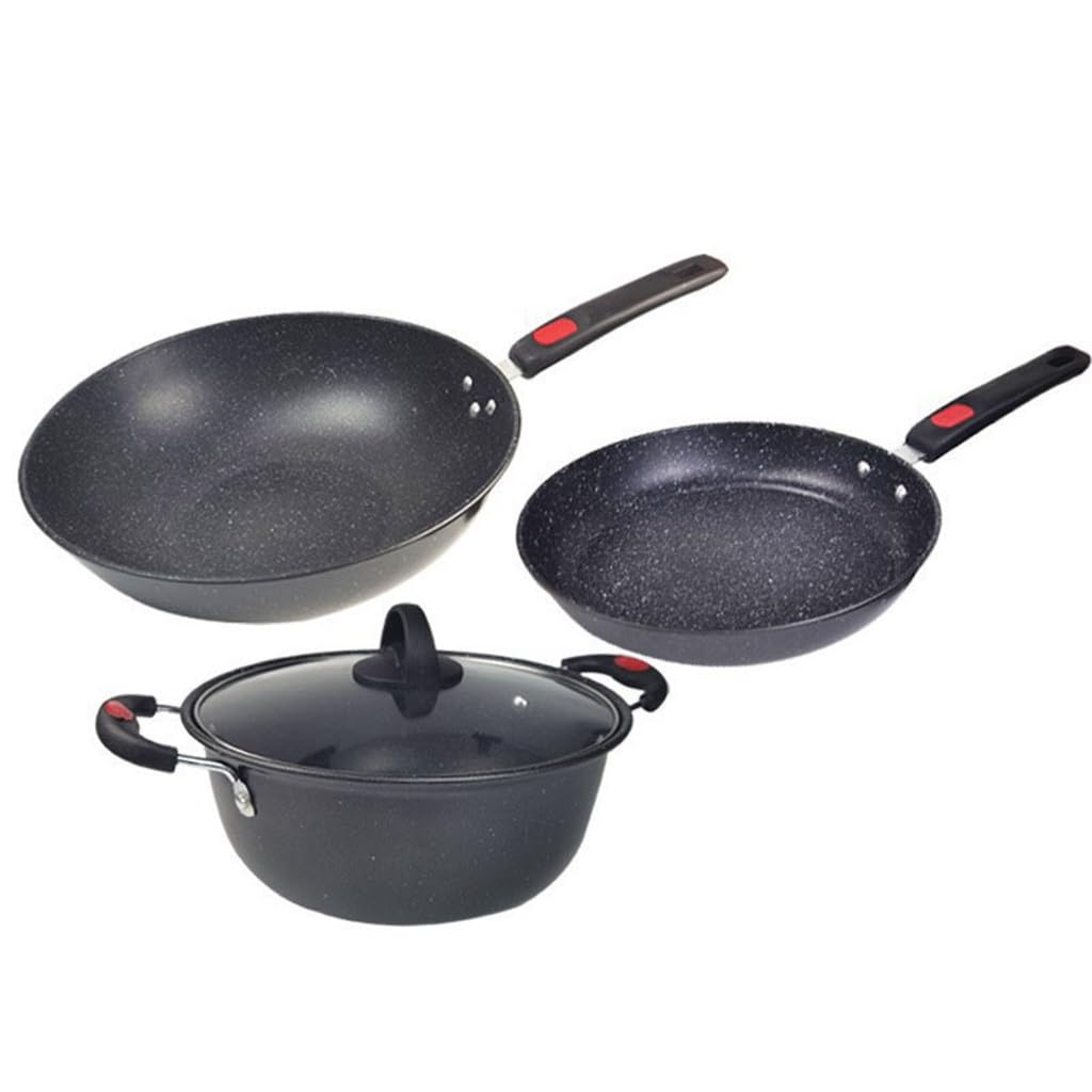 Ensemble de trois casseroles et poêle wok antiadhésive en pierre McRice avec marmite