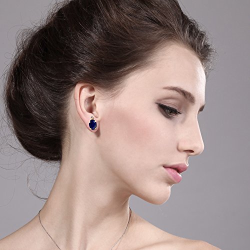 Gem Stone King 14K Yellow Gold Blue Sapphire and White Diamond Earrings For Women (2.05 Cttw, Gemstone September Birthstone, Oval 7X5MM)3