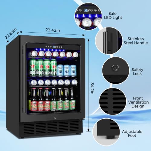Image of 24 Inch Beverage Refrigerator Under Counter, Drink Fridge 180 Cans Large Capacity with Glass Door, 38dB Whisper Quiet Beverage Cooler Built-in for Home Bar Office, Memory Function for Beer Soda, Black