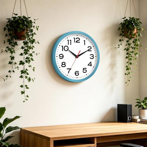 Image of Roymnie 10 Inch Wall Clock, Battery Operated Silent Non Ticking Blue | analog wall clock; bold numerals for easy reading; silent non-ticking; 1 AA battery (not included); for classroom