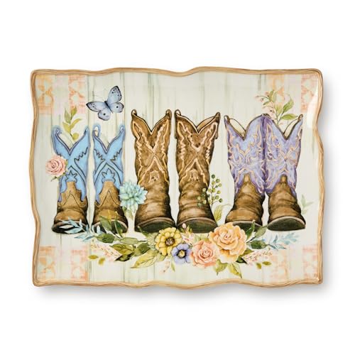 Rosewood 16x12-Inch Rectangular Platter, Western-Inspired Design with Colorful Cowboy Boots & Floral Accents, Rustic Wood-Grain Background, Durable Ceramic, Perfect for Serving & Farmhouse Décor by Certified International - Used condition - US$26.95
