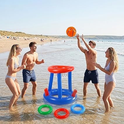 SrgPui Pool Basketball Hoop Set, Inflatable Pool Games with 1 Basketball and 3 Rings - Image 5
