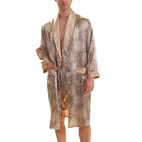 Men's Summer Luxurious Kimono Robe Soft Satin Bathrobe Long-Sleeve Nightgown Printed Pajamas Gold, Small/Medium