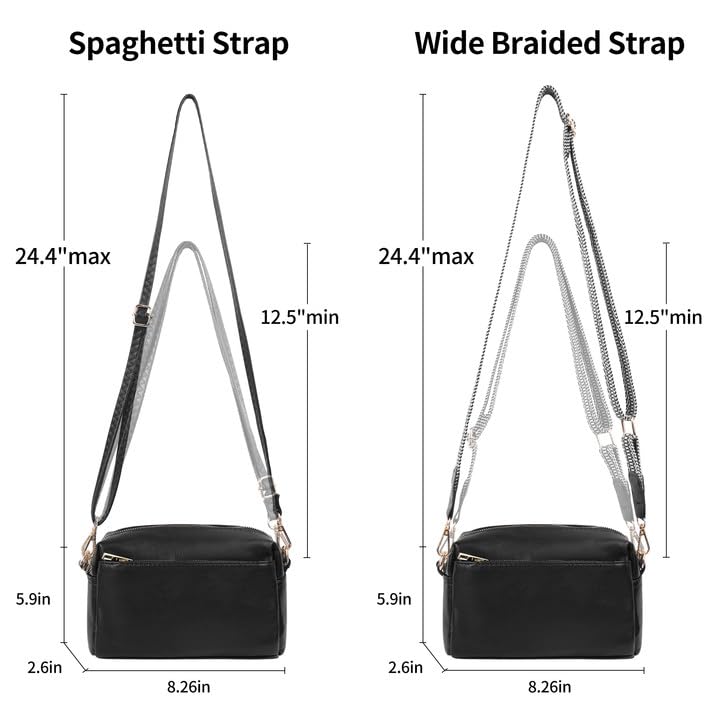 Image of VOROLO Crossbody Bag Small Leather Triple Zip Crossbody Purse Shoulder Bag with Ajustable Strap for Women Black with Rope