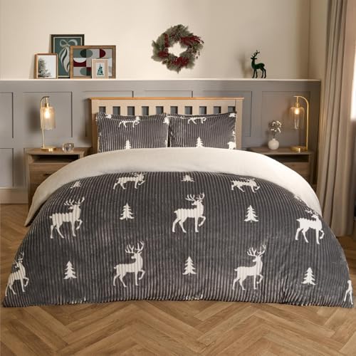 OHS Chunky Ribbed Duvet Cover Stag Print, Winter Bedding Super Soft Warm Fluffy Quilt Covers with Pillowcases Fluffy Bedding Double Reverse Fur Fleece Duvet Covers - Grey