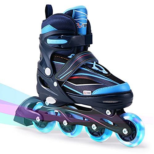 RunRRIn Inline Skates for Kids Girls and Boys, Adjustable Roller Skates with Light Up Wheels for Children Teens Women for Outdoor Skating （Blue M）