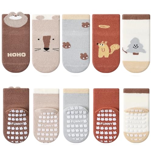 Kyopp 5 Paar Stoppersocken Baby Kleinkinder ABS rutschfeste Socken Tiermotive Kindersocken Animals Baumwolle Crew Socks