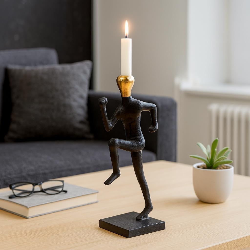 Decorative Running Man Candle Holder - Modern Taper Candlestick Holder for Coffee Table, Table Centerpieces, or Home Decor - Perfect Candle Stand Holder for Shelf Decor - 15" Gold & Black