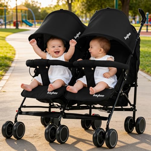 Image of Baybee 2-in-1 Twin Baby Stroller for 0-3 Years | Lightweight Foldable Pram for 0 to 5 Years | Adjustable Canopy, Safety Guardrail, Wheel Lock & Parental Handle | Baby Stroller for Boys & Girls (Black)