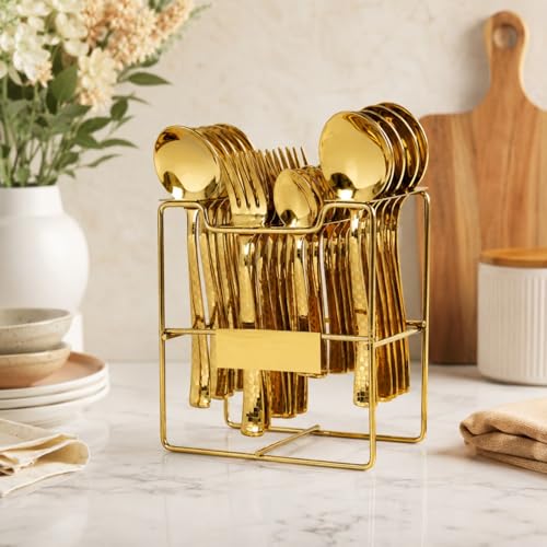 Image of 25 Piece Gold Cutlery Set for Kitchen & Dining Luxury Stainless Steel Golden Flatware Set with Stand (6 Dessert Spoons, 6 Dessert Forks, 6 Tea Spoons, 6 Soup Spoons, 1 Storage Stand)