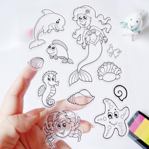 Cartoon Marine Life Mermaid Dolphins Seahorses Crabs Starfish Snails Mermaids Clear Stamps Transparent Silicone Stamp Album Cards Rubber Stamp for Card Making Decoration and DIY Scrapbooking