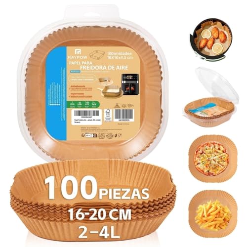 Papel Freidora Aire 16C100 Air Fryer Cuadrado 100 Unidades 16-20 cm moldes Desechable para Horno BPA Free Accesorios para Freidora sin Aceite de 2 a 8 litros (16-20CM-Cuadrado-100 unidad)