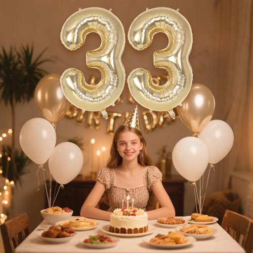 Image of Champagne Gold Large Number 33 Balloon, 40 Inch Light Gold Foil Helium Number Balloons, Giant Mylar Number 33 Balloons for 33 Years Old Birthday Party Anniversary Decorations (Champagne Gold 33)