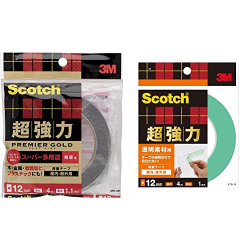 3M スコッチ 超強力両面テープ プレミアゴールド スーパー多用途 粗面用 幅12mm長さ4m SPR-12R & スコッチ 超強力両面テープ 透明素材用 12mm×4m STD-12【セット買い】